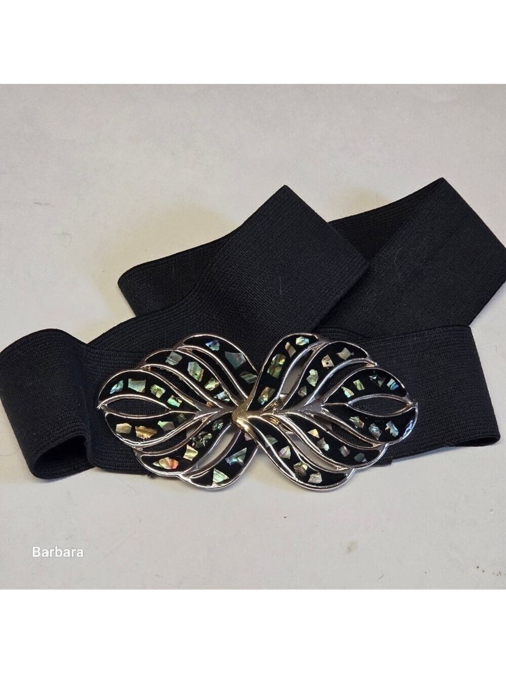 Vintage 70s Black Elastic Belt with Black Enamel & Abalone Leaf 2-part Buckle